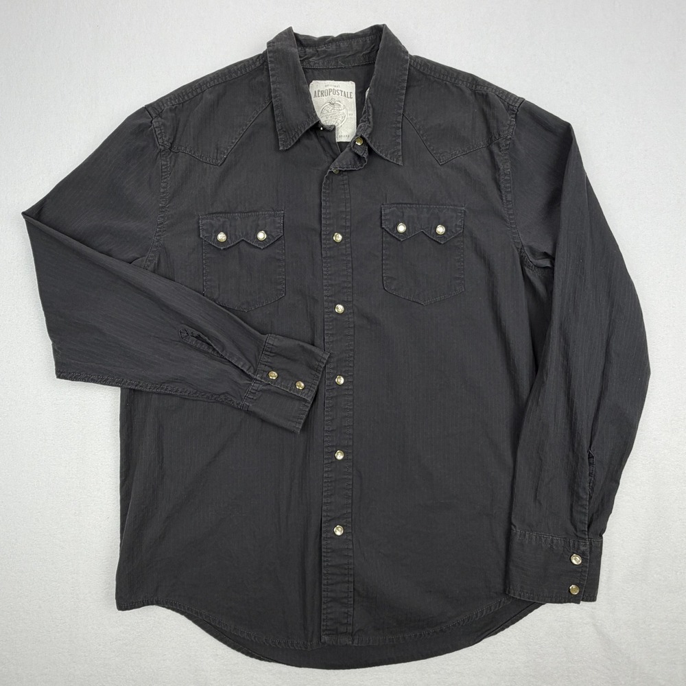 Aeropostale Mens Large Black Pearl Snap Western Shirt Tonal Pinstripe Cotton